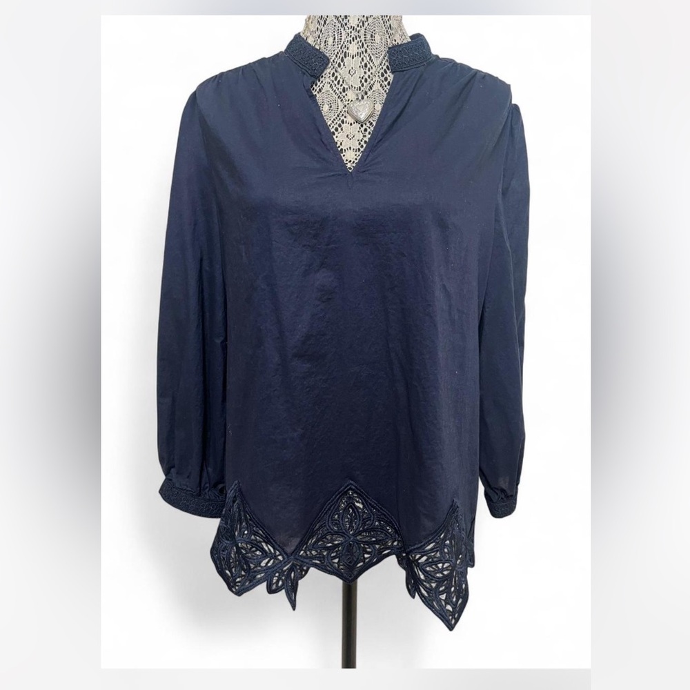 Chico's Dark Blue Blouse with Intricate Lace Detail
